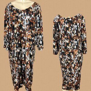Roaman's 24W Brown-Gray Floral Layered V-Neckline 3/4 Sleeve Below Knee Dress